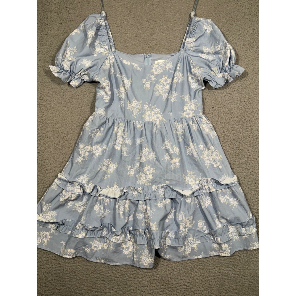 Altar State Blue Floral Puff Sleeve Ruffle Tiered Square Neck Mini Dress M